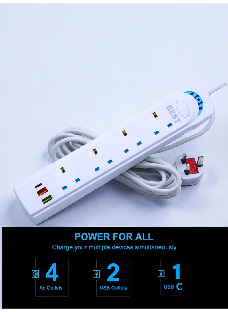 Best Power Socket with 4 AC Outlets, 2 USB & 1 Type-C | 5M Extension Cable with Surge Protection - Image 3